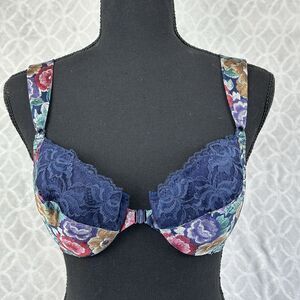 Vtg Jaclyn Smith Bra 36C Blue Floral Satin Chantilly Lace Underwire Padded 80s
